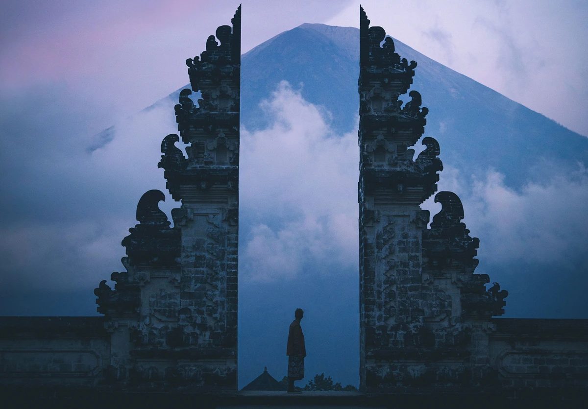 Gate of Heaven at Lempuyang Temple with Mount Agung in East Bali